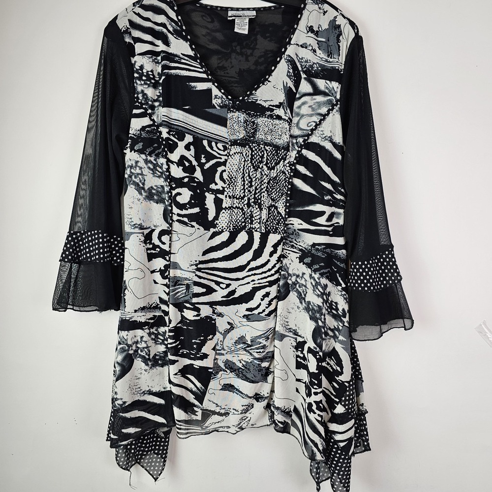Mirror Image Tunic Top L Lagenlook Patchwork Art to Wear Asymmetrical Hem Sheer